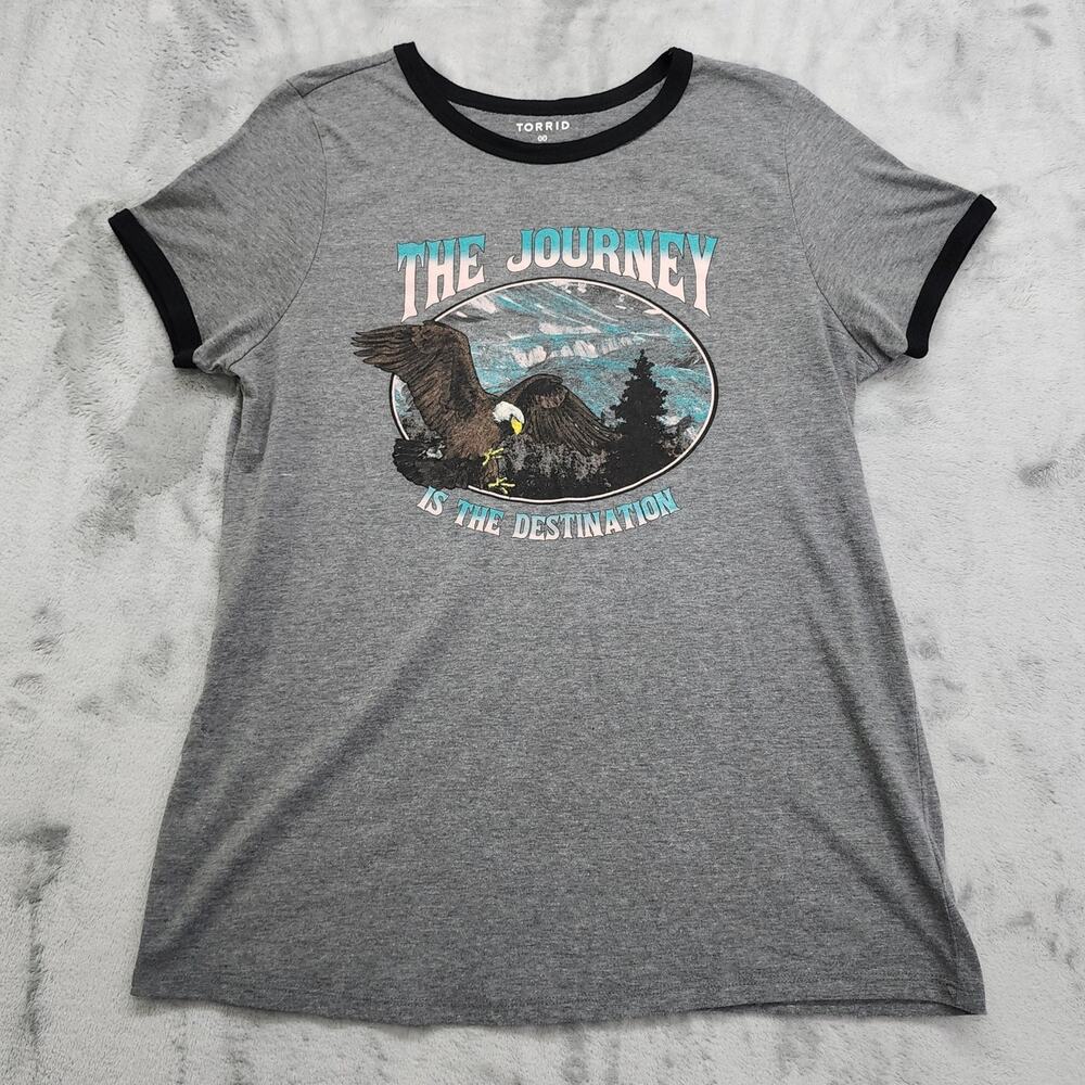 TORRID Top Women 00 M/10 Gray Classic Fit Graphic Ringer Tee Journey Destination